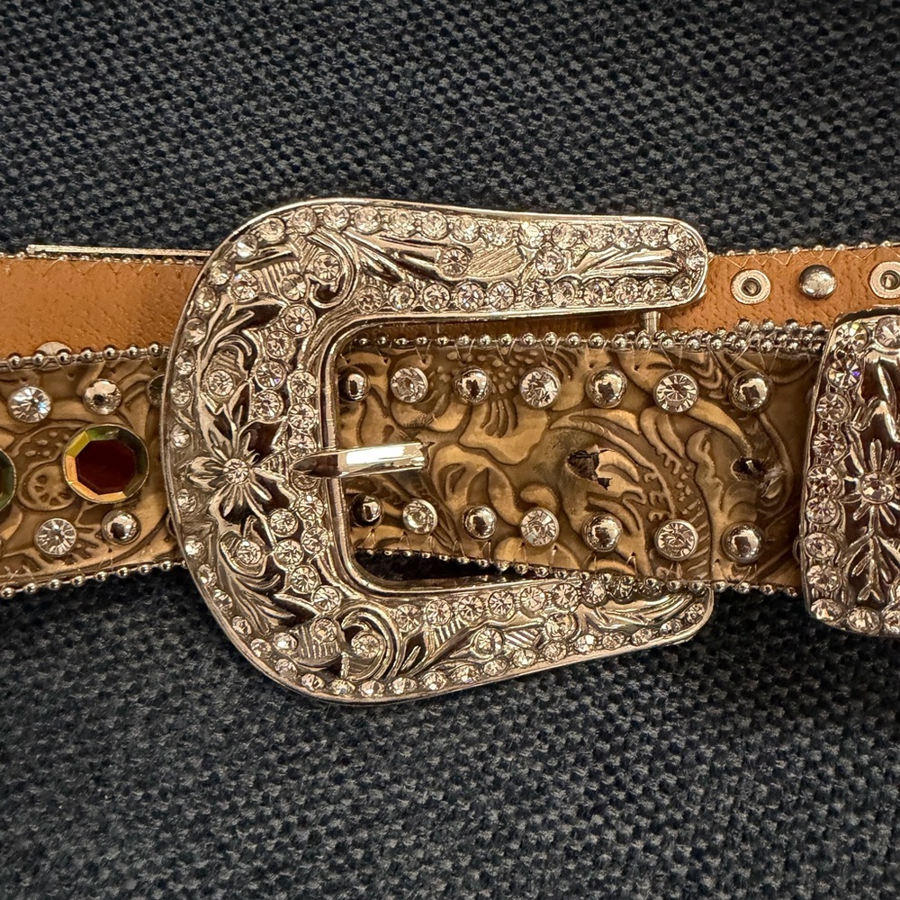 Embellished Tan Belt with Silver Tone Bling Buckle L